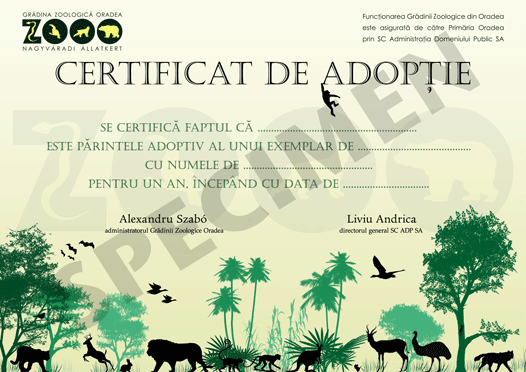 Certificat de adopţie Grădina Zoologică Oradea.